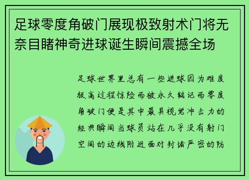 足球零度角破门展现极致射术门将无奈目睹神奇进球诞生瞬间震撼全场 足球零度角破门展现极致射术门将无奈目睹神奇进球诞生瞬间震撼全场